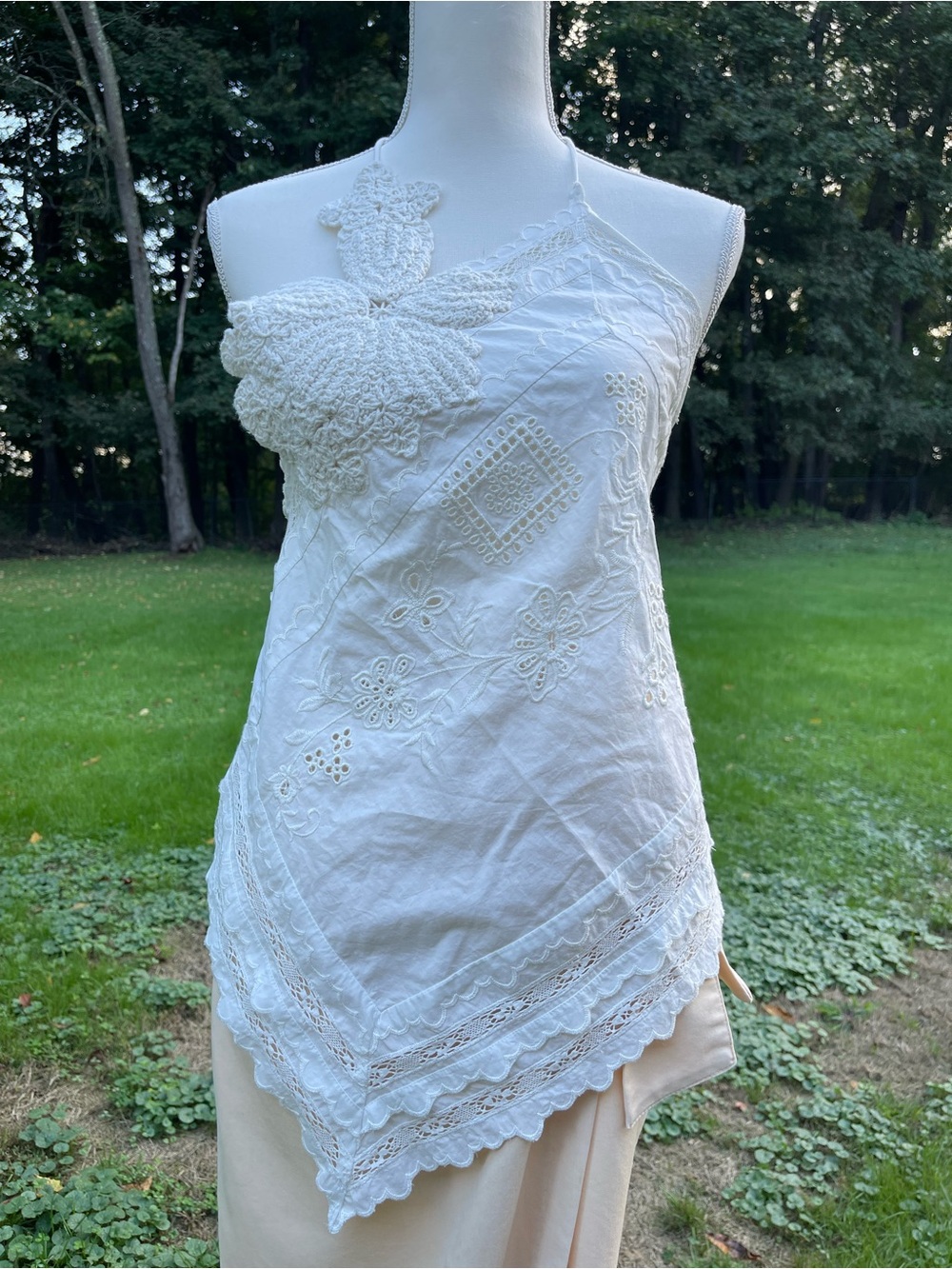 ZARA Mixed Embroidery Halter Top Asymmetric Flower White Boho M